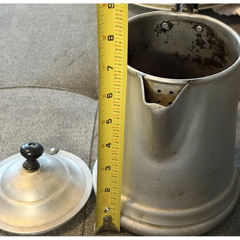 Vintage Aluminum Coffee Pot Hinged Lid Black Handle Strainer Spout Primitive